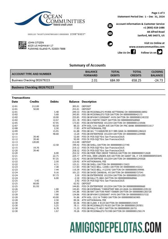 Extrato bancário da União de Crédito Federal das Comunidades Oceânicas do Maine dos EUA, exemplo de 3 páginas